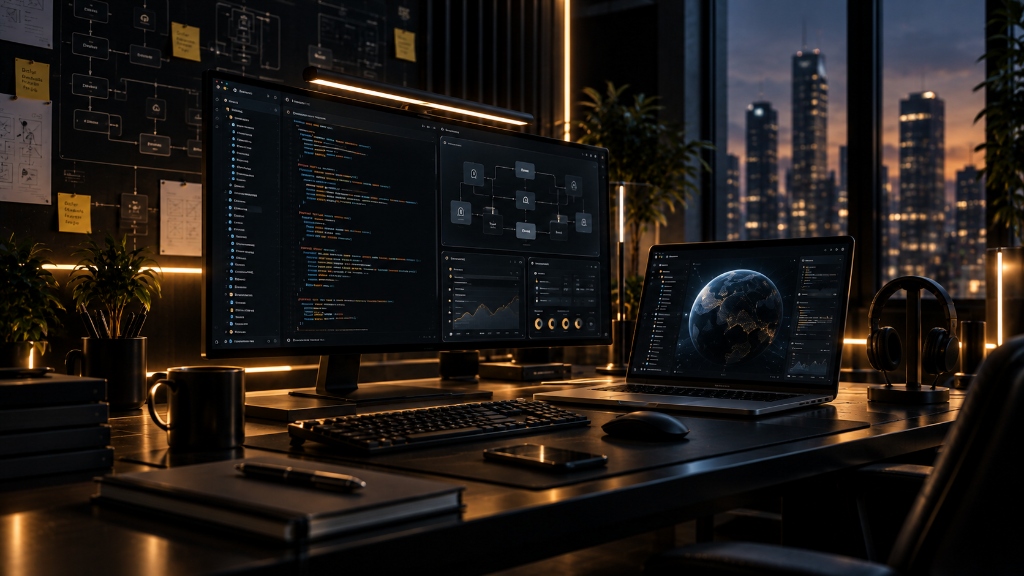Custom software development workspace with code and system architecture displayed on professional monitors