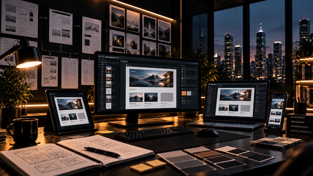 Website redesign workspace showing modern responsive digital experiences across multiple devices