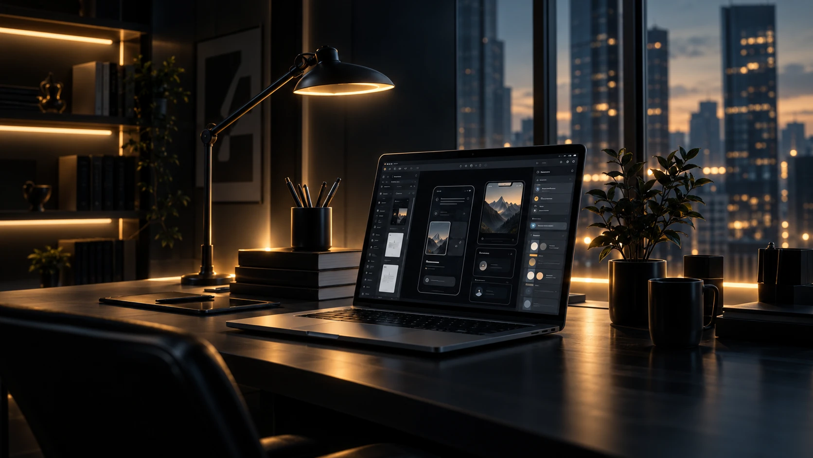 UI/UX product design workspace showing a modern digital interface on a laptop