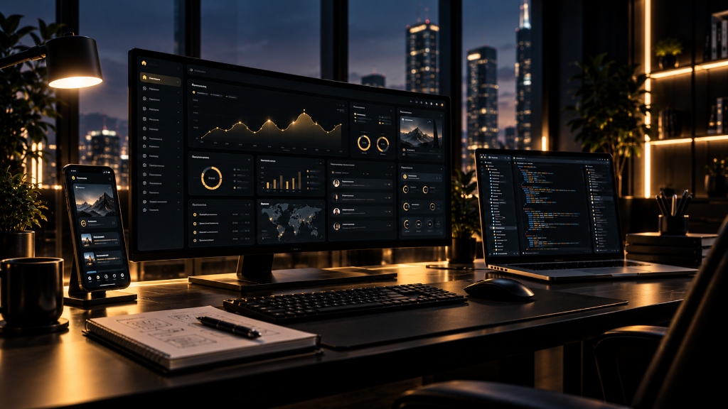 Modern web application workspace with dashboard interfaces on desktop, laptop, and mobile screens