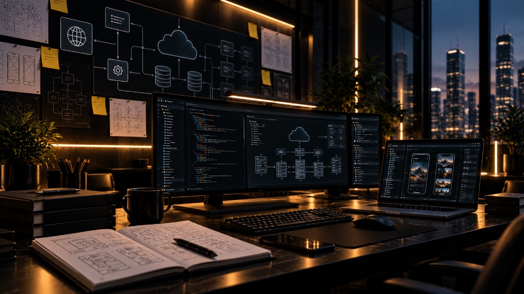 Web application architecture workspace showing connected systems, APIs, databases, and infrastructure